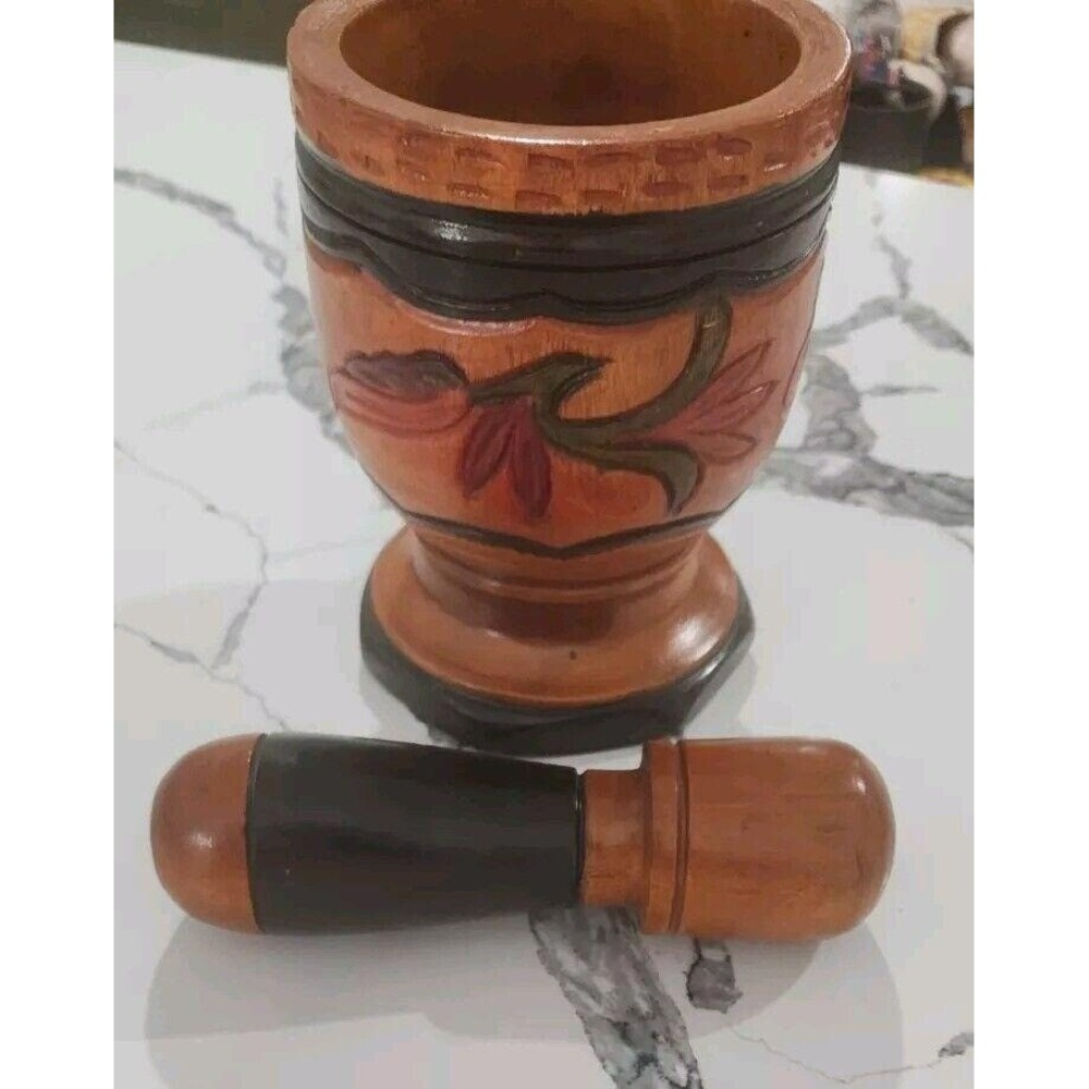 Vintage Large Hand Turned Carved Wood Floral Three Tone Mortar and Pestle Set